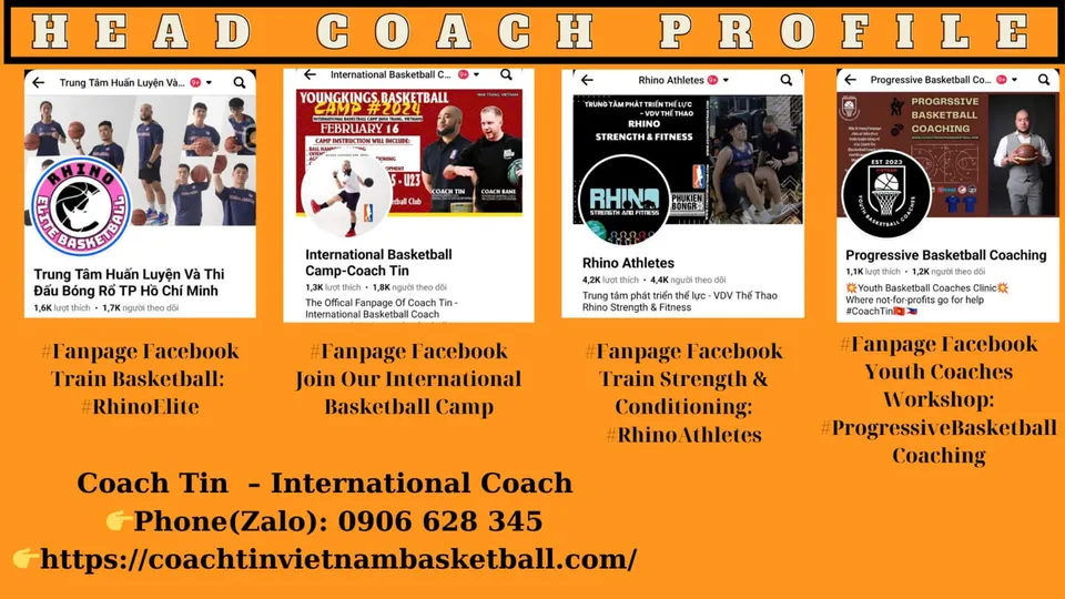 Thẻ hồ sơ: bốn trang Facebook của Coach Tin — Rhino Elite, International Basketball Camp, Rhino Athletes và Progressive Basketball Coaching — cùng số điện thoại Zalo.